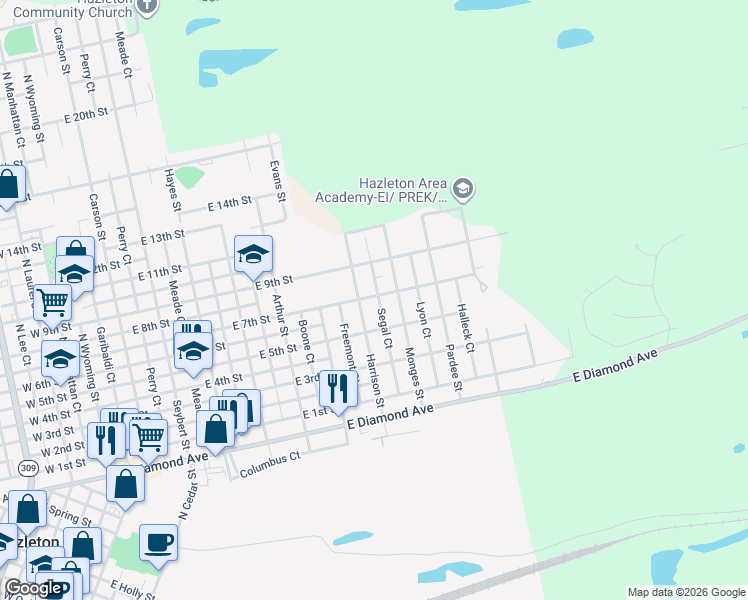 map of restaurants, bars, coffee shops, grocery stores, and more near 653 Harrison Street in Hazleton