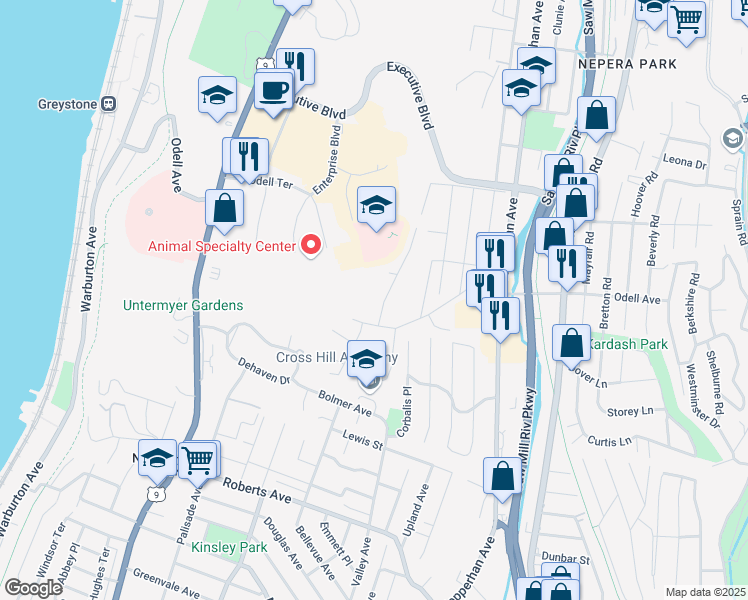 map of restaurants, bars, coffee shops, grocery stores, and more near 591 Bellevue Avenue North in Yonkers