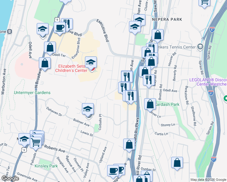 map of restaurants, bars, coffee shops, grocery stores, and more near Odell Avenue in Yonkers