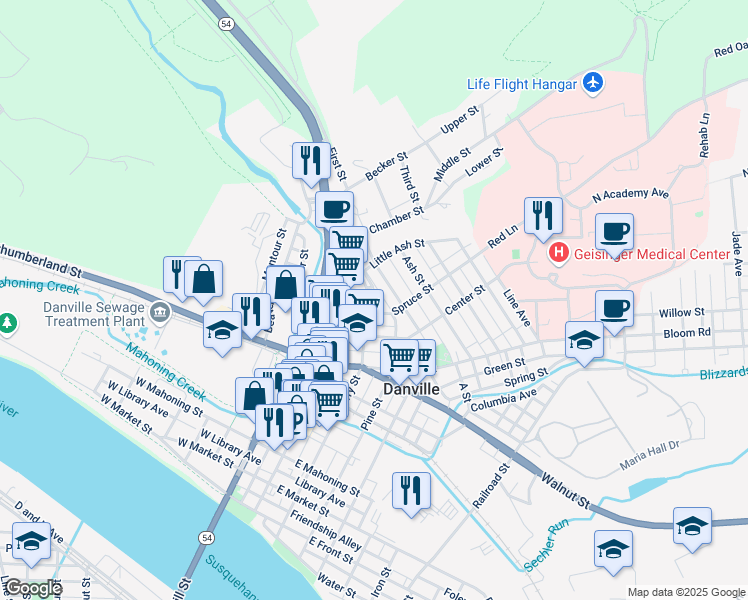 map of restaurants, bars, coffee shops, grocery stores, and more near 1232 Ferry Street in Danville