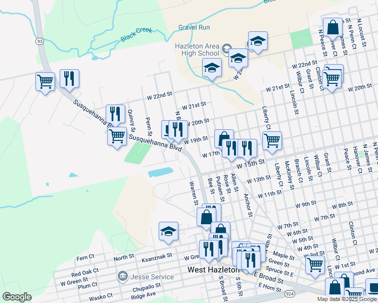 map of restaurants, bars, coffee shops, grocery stores, and more near 515 West Broad Street in Hazleton