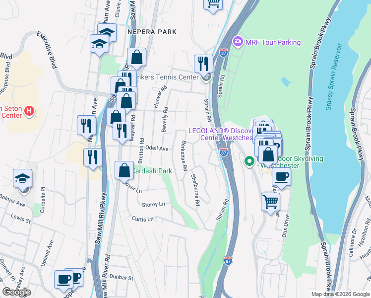 map of restaurants, bars, coffee shops, grocery stores, and more near 47 Berkshire Road in Yonkers