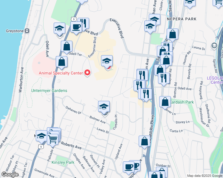 map of restaurants, bars, coffee shops, grocery stores, and more near 596 Bellevue Avenue North in Yonkers