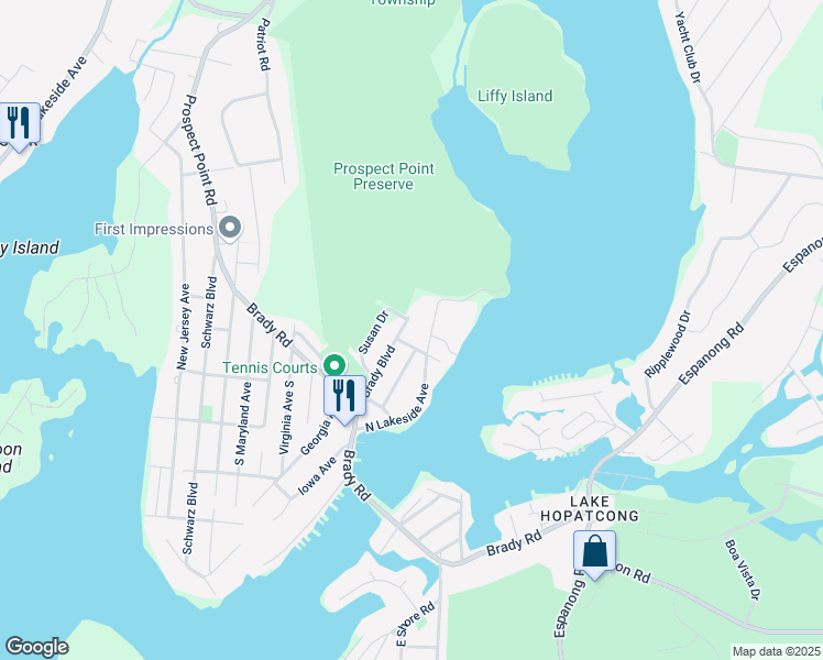 map of restaurants, bars, coffee shops, grocery stores, and more near 30 Brady Boulevard in Jefferson