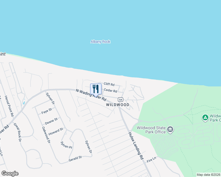 map of restaurants, bars, coffee shops, grocery stores, and more near 93 Cliff Road in Wading River