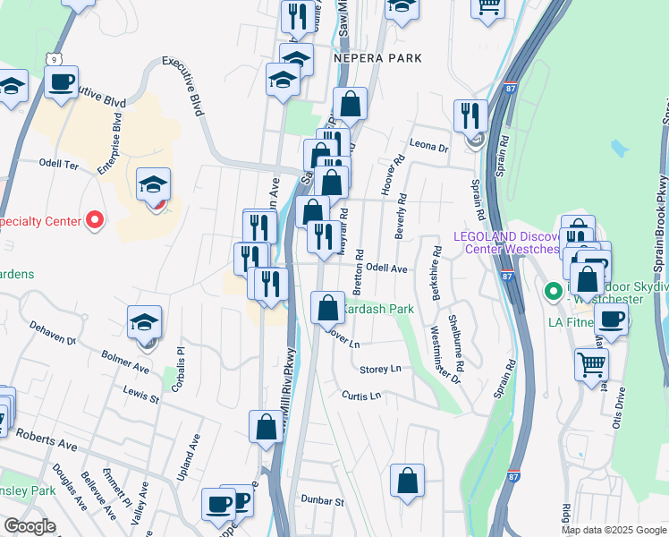 map of restaurants, bars, coffee shops, grocery stores, and more near 586 Odell Avenue in Yonkers