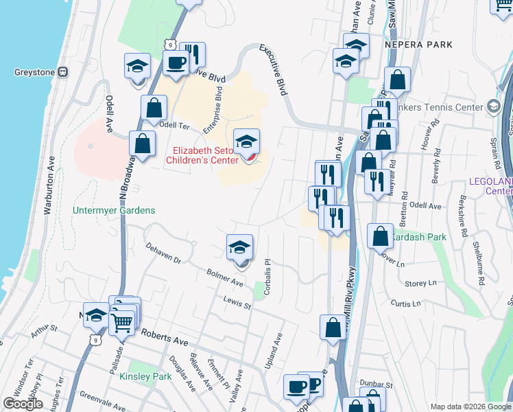 map of restaurants, bars, coffee shops, grocery stores, and more near 604 Bellevue Avenue North in Yonkers