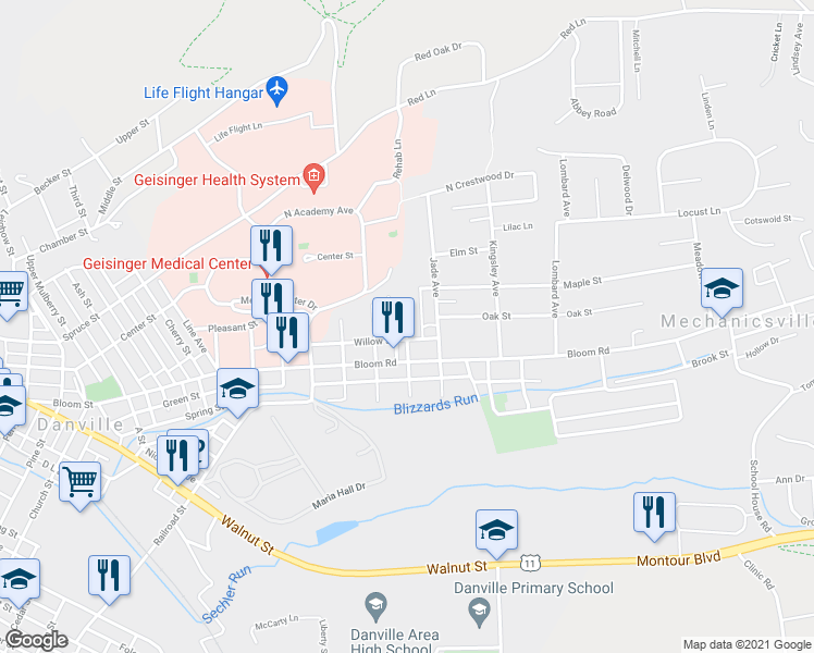 map of restaurants, bars, coffee shops, grocery stores, and more near 108 North Ardmoor Avenue in Danville