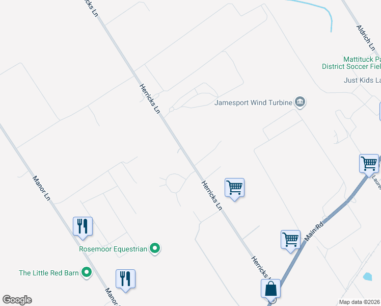 map of restaurants, bars, coffee shops, grocery stores, and more near 330 Herricks Lane in Jamesport