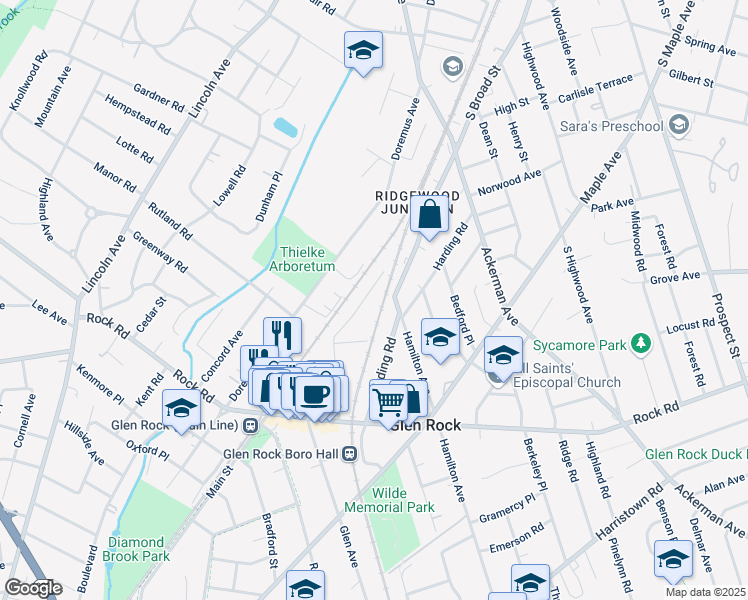 map of restaurants, bars, coffee shops, grocery stores, and more near 17 Valley Road in Glen Rock