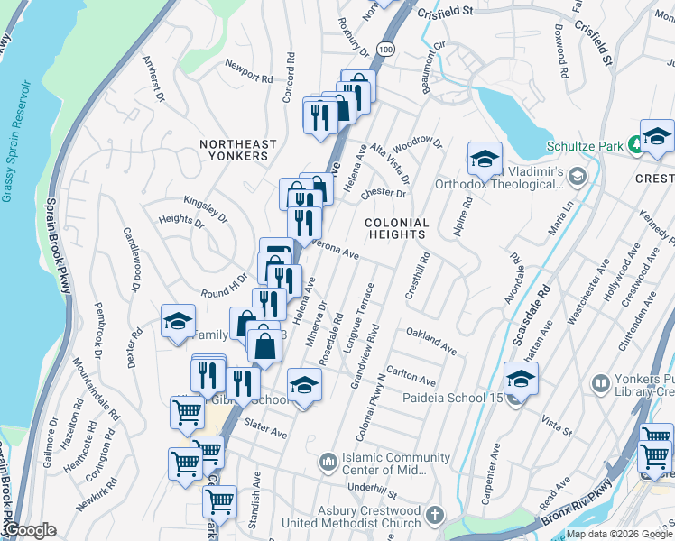 map of restaurants, bars, coffee shops, grocery stores, and more near 136 Minerva Drive in Yonkers