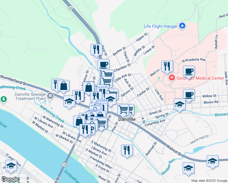 map of restaurants, bars, coffee shops, grocery stores, and more near 1232 Ferry Street in Danville