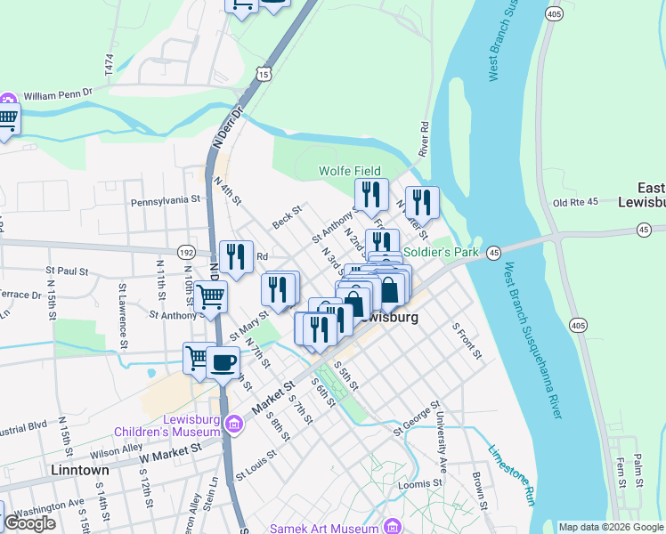map of restaurants, bars, coffee shops, grocery stores, and more near 139 North 3rd Street in Lewisburg