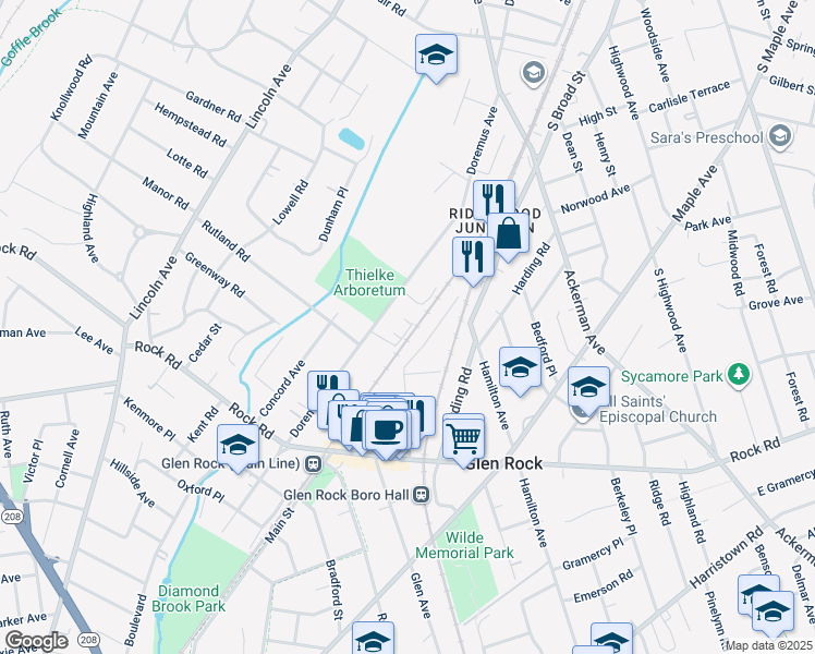 map of restaurants, bars, coffee shops, grocery stores, and more near c1 Glen Rock Square in Glen Rock