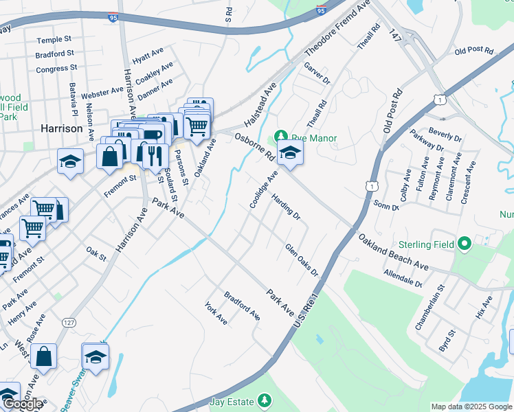 map of restaurants, bars, coffee shops, grocery stores, and more near 53 Coolidge Avenue in Rye