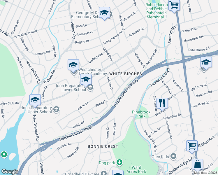 map of restaurants, bars, coffee shops, grocery stores, and more near 58 Marion Drive in New Rochelle