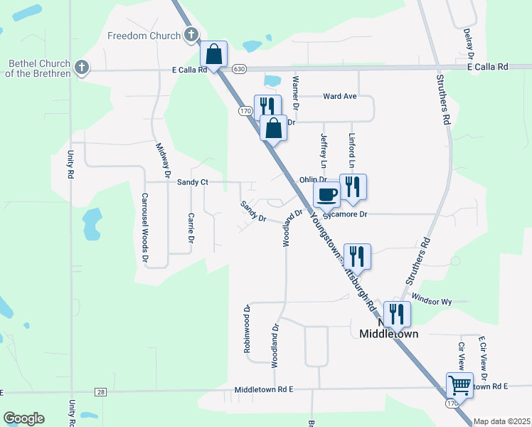 map of restaurants, bars, coffee shops, grocery stores, and more near 3 Sandy Dr in New Middletown