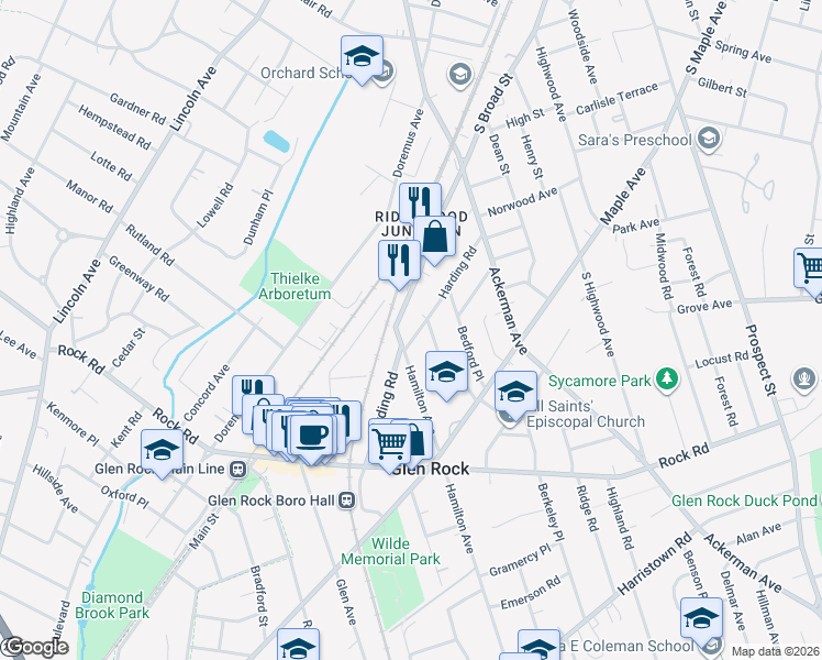 map of restaurants, bars, coffee shops, grocery stores, and more near 104 Harding Road in Glen Rock