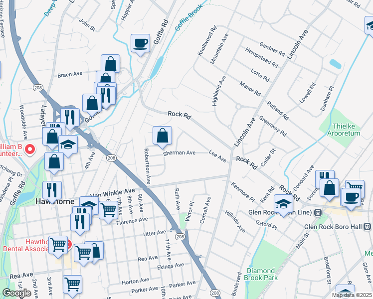 map of restaurants, bars, coffee shops, grocery stores, and more near 47 Sherman Avenue in Hawthorne
