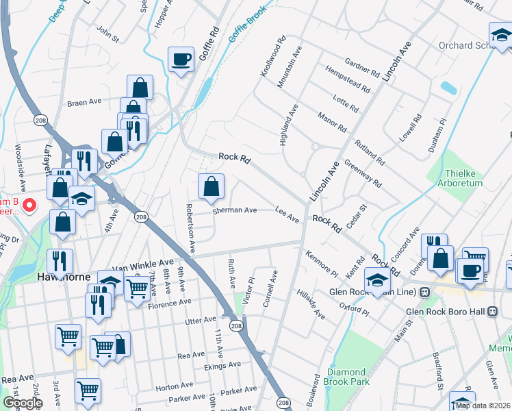 map of restaurants, bars, coffee shops, grocery stores, and more near 47 Sherman Avenue in Hawthorne