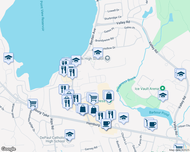 map of restaurants, bars, coffee shops, grocery stores, and more near 8211 Brittany Drive in Wayne