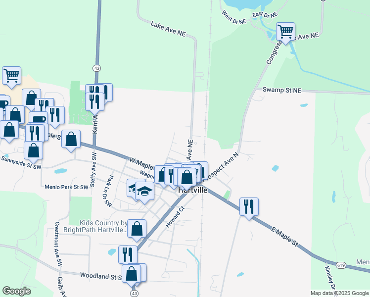 map of restaurants, bars, coffee shops, grocery stores, and more near 240 1026 in Hartville
