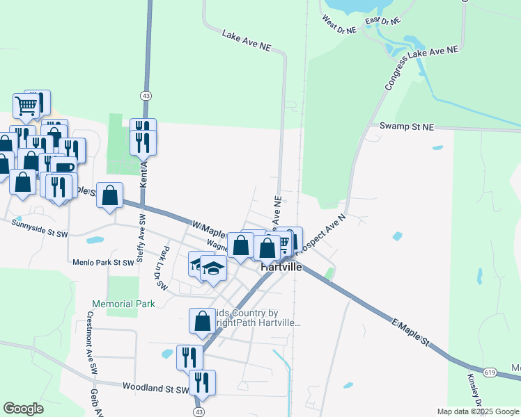 map of restaurants, bars, coffee shops, grocery stores, and more near 239 Lake Avenue Northeast in Hartville