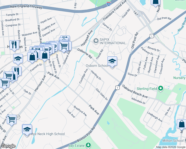 map of restaurants, bars, coffee shops, grocery stores, and more near 15 Harding Drive in Rye