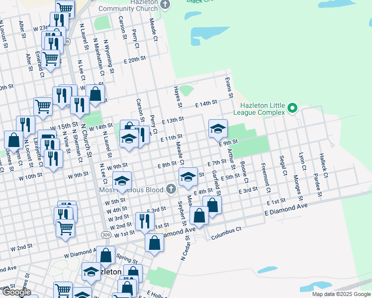 map of restaurants, bars, coffee shops, grocery stores, and more near 686 Hayes Street in Hazleton