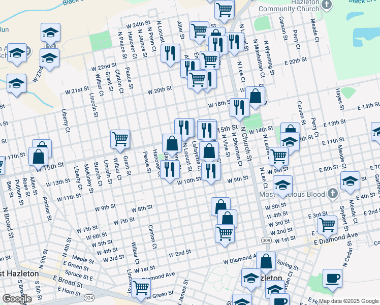 map of restaurants, bars, coffee shops, grocery stores, and more near 763 North Locust Street in Hazleton