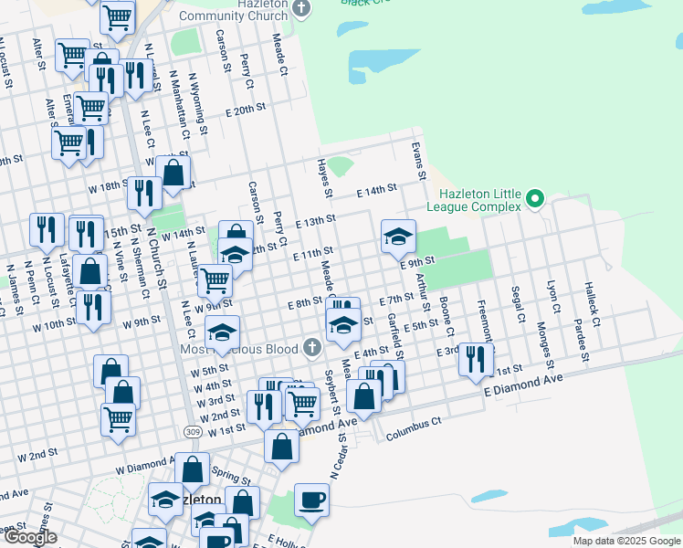 map of restaurants, bars, coffee shops, grocery stores, and more near 686 Hayes Street in Hazleton