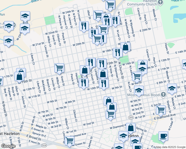 map of restaurants, bars, coffee shops, grocery stores, and more near 763 North Locust Street in Hazleton