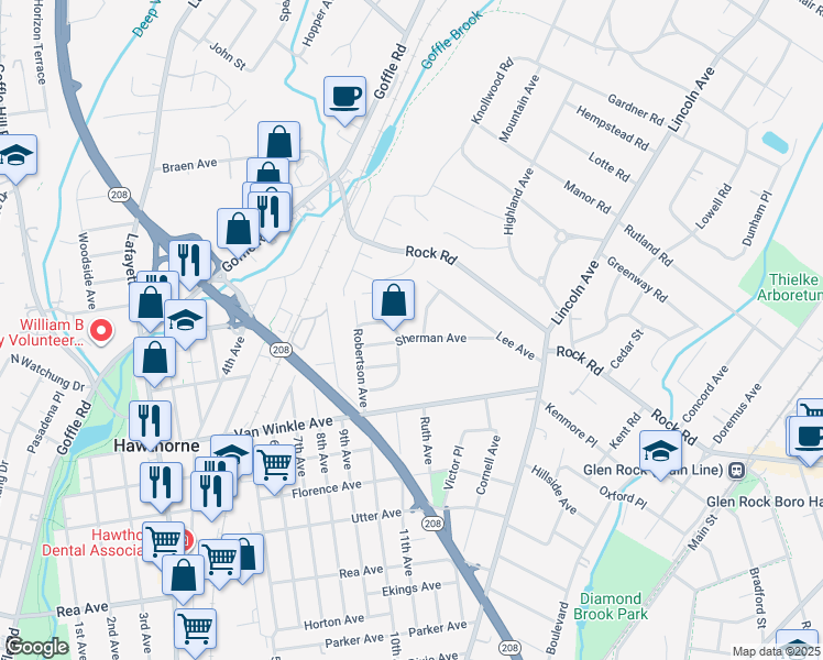 map of restaurants, bars, coffee shops, grocery stores, and more near 75 Sherman Avenue in Hawthorne