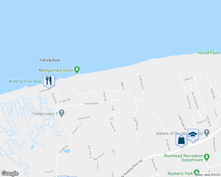 map of restaurants, bars, coffee shops, grocery stores, and more near 184 North Side Road in Wading River