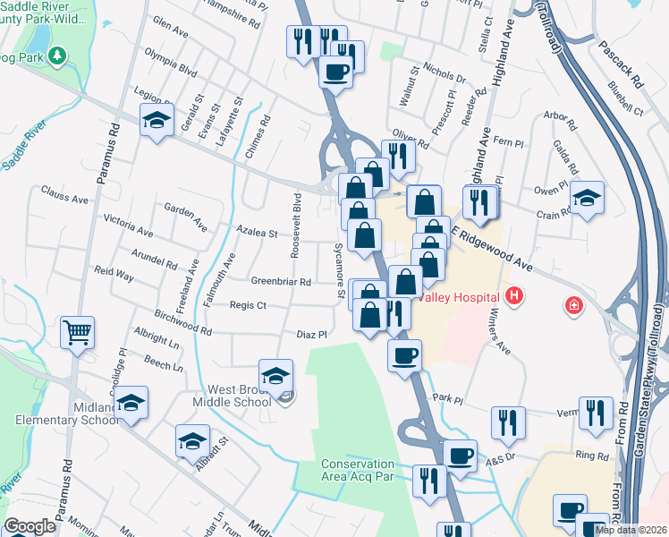 map of restaurants, bars, coffee shops, grocery stores, and more near 638 Sycamore Street in Paramus