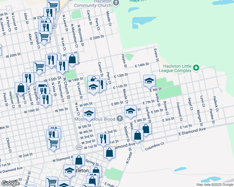 map of restaurants, bars, coffee shops, grocery stores, and more near 700 Seybert Street in Hazleton