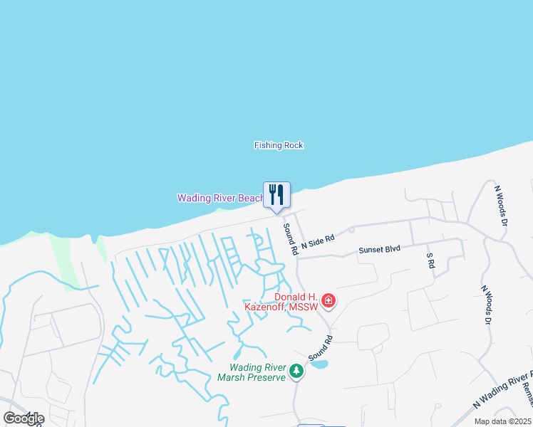 map of restaurants, bars, coffee shops, grocery stores, and more near 224 Creek Road in Wading River