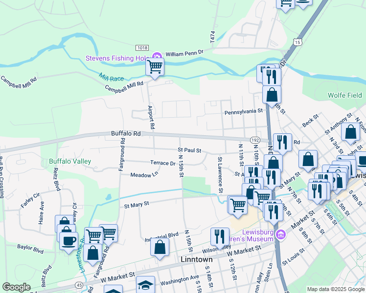 map of restaurants, bars, coffee shops, grocery stores, and more near 742 Saint Paul Street in Lewisburg