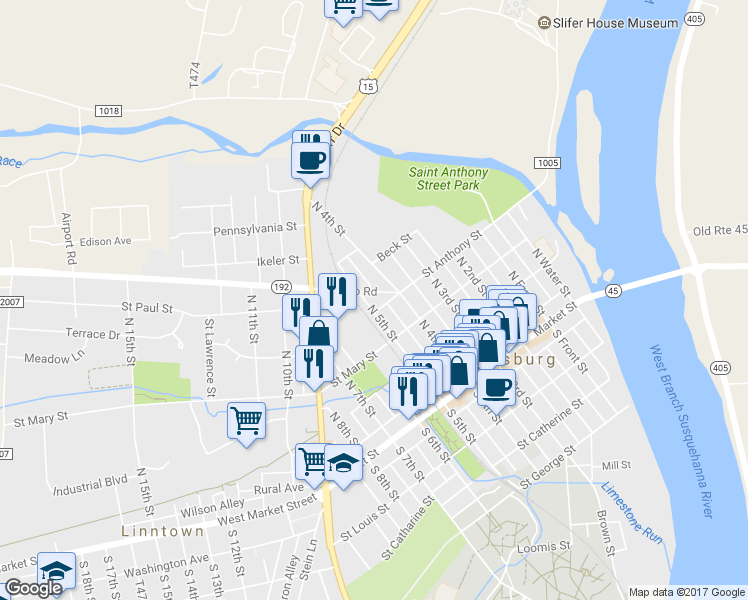 map of restaurants, bars, coffee shops, grocery stores, and more near 11 Buffalo Road in Lewisburg