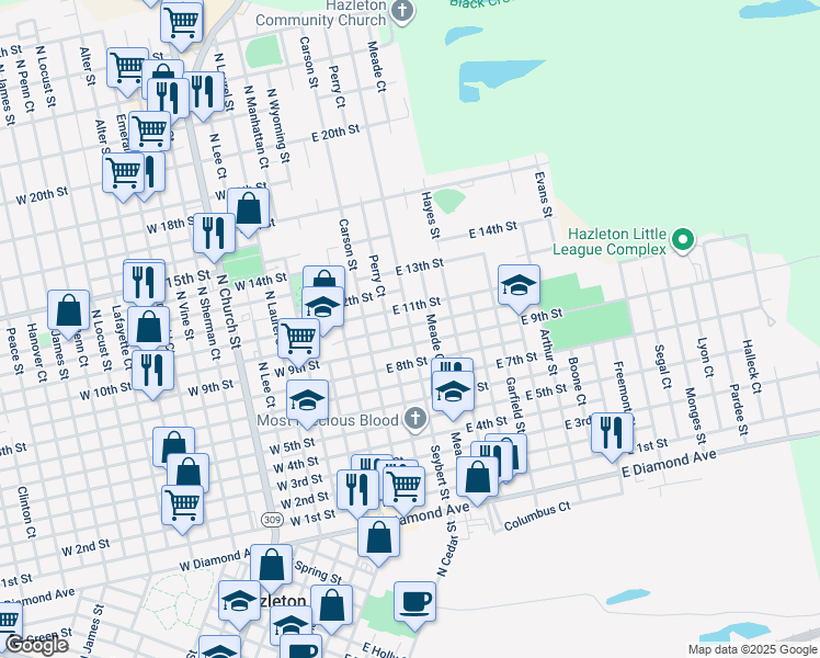 map of restaurants, bars, coffee shops, grocery stores, and more near 686 Seybert Street in Hazleton
