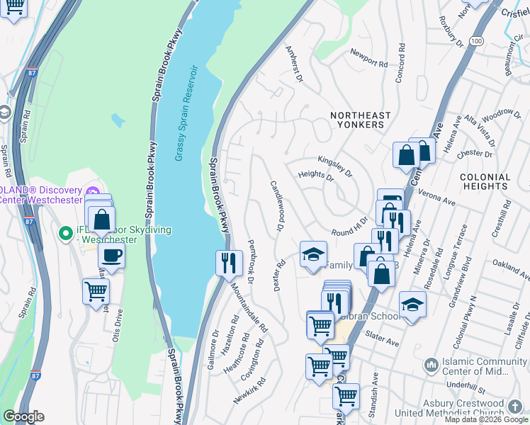 map of restaurants, bars, coffee shops, grocery stores, and more near 23 Montrose Road in Yonkers