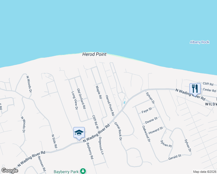 map of restaurants, bars, coffee shops, grocery stores, and more near 93 Beach Rd in Wading River