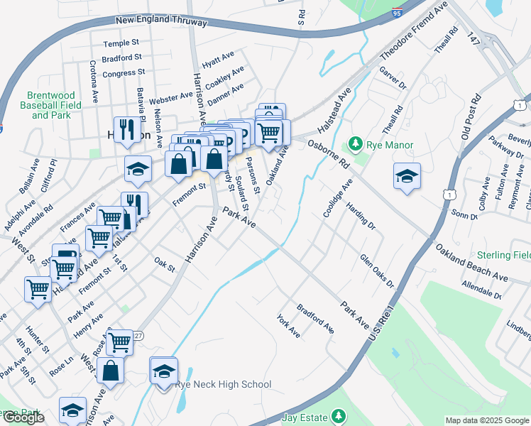map of restaurants, bars, coffee shops, grocery stores, and more near 45 Oakland Avenue in Harrison