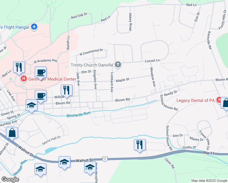 map of restaurants, bars, coffee shops, grocery stores, and more near 200 Oak Street in Danville