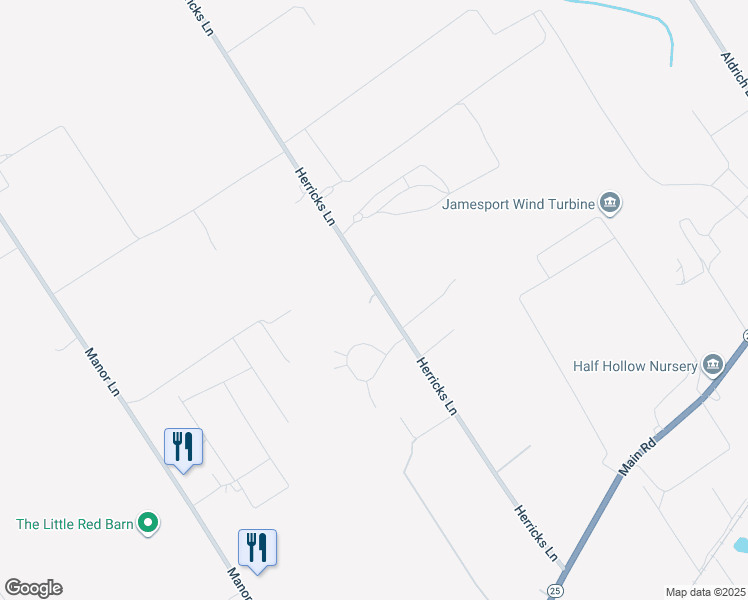 map of restaurants, bars, coffee shops, grocery stores, and more near 335 Herricks Lane in Jamesport