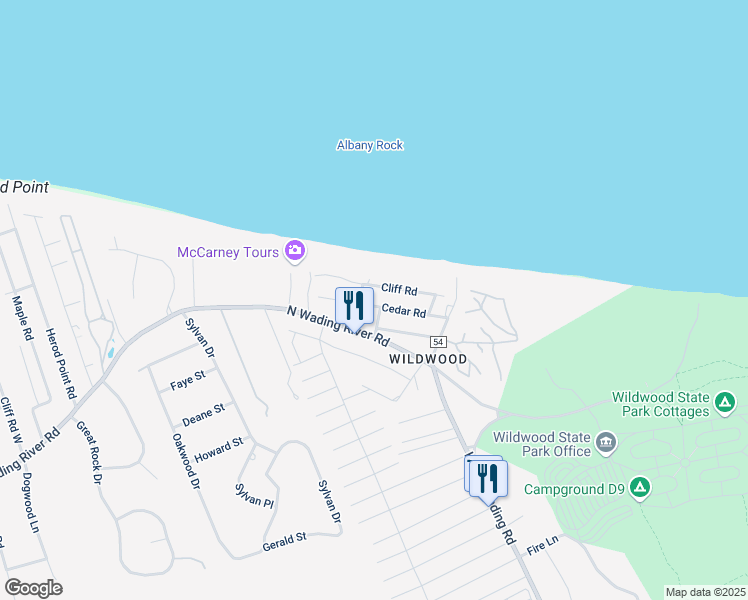 map of restaurants, bars, coffee shops, grocery stores, and more near 56 Cedar Road in Wading River