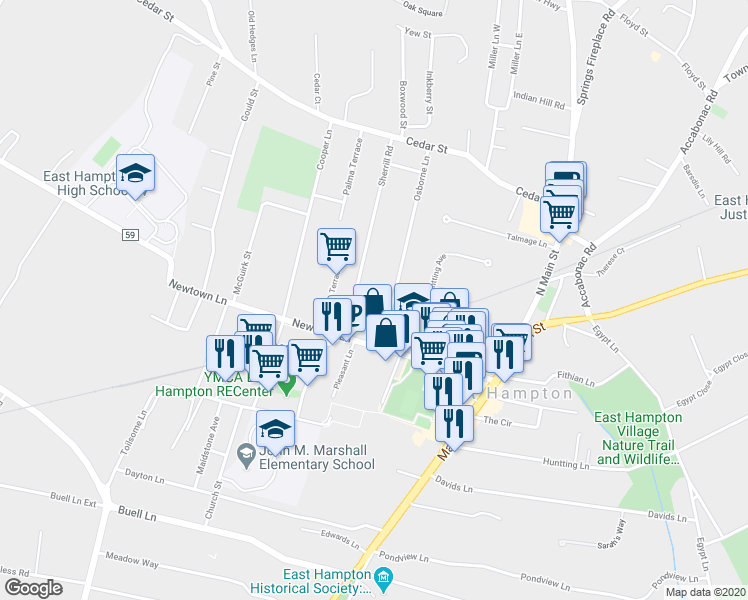 map of restaurants, bars, coffee shops, grocery stores, and more near 19 Osborne Lane in East Hampton