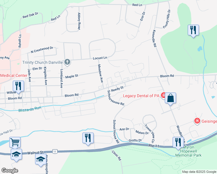 map of restaurants, bars, coffee shops, grocery stores, and more near 1605 Bloom Road in Danville