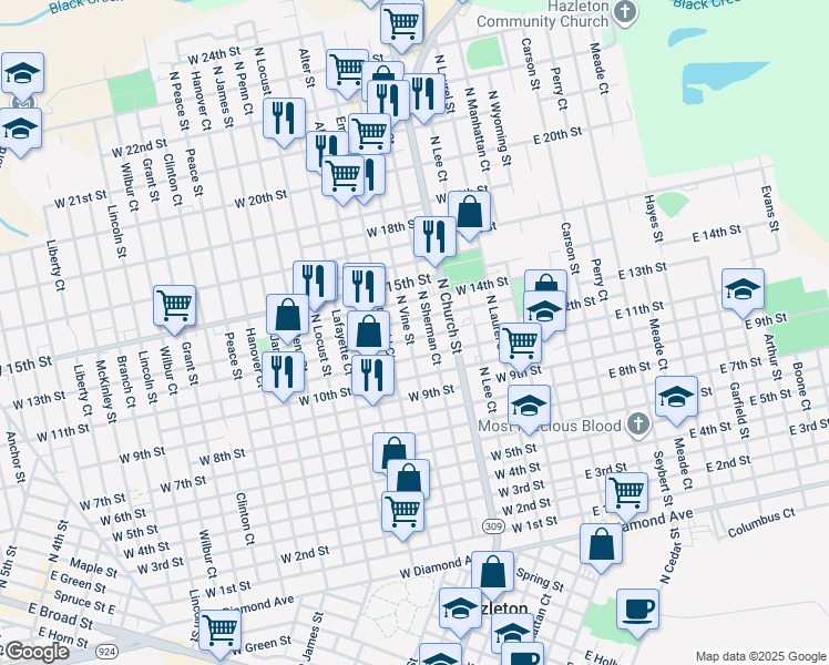 map of restaurants, bars, coffee shops, grocery stores, and more near 741-743 Alter Street in Hazleton