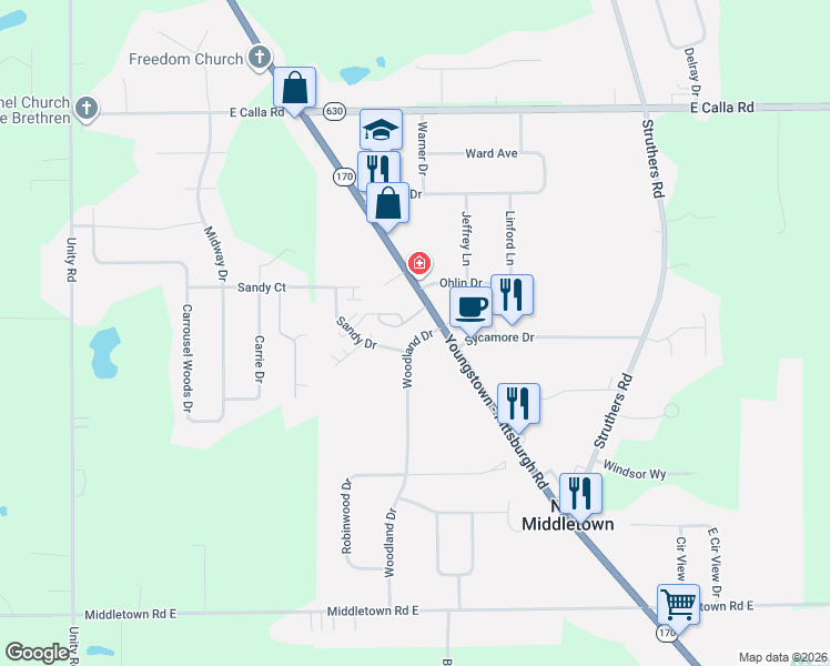 map of restaurants, bars, coffee shops, grocery stores, and more near 8 Woodland Drive in New Middletown